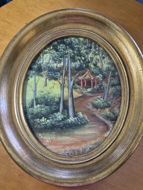 Vintage Framed Oval Signed Landscape Painting with Path and Pavilion